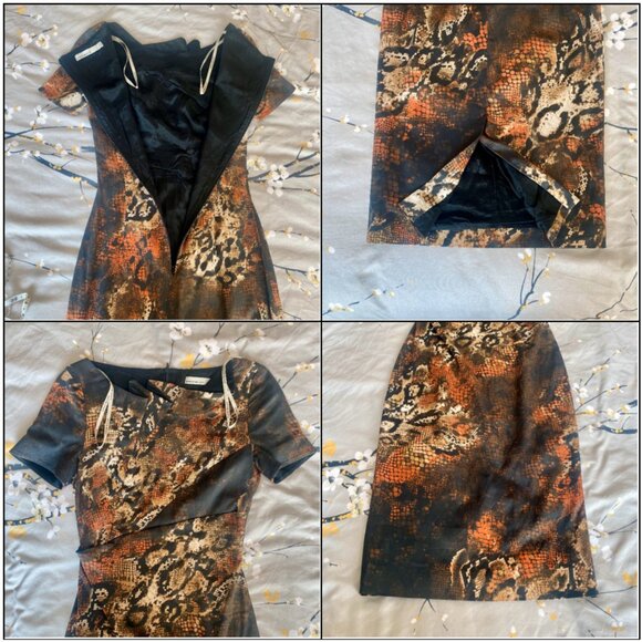 Karen Millen Python Print Asymmetrical Neckline Short Sleeve Sheath Dress Size 4 - Picture 10 of 16